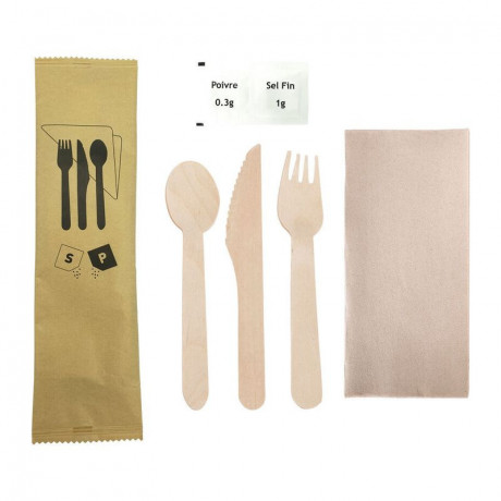 Kit couverts en bois + serviette + sel et poivre (lot de 250)