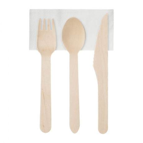 Kit fourchette et couteau en bois + serviette (lot de 250)