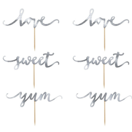 PartyDeco Cupcake Toppers Love Silver (Pack of 6)