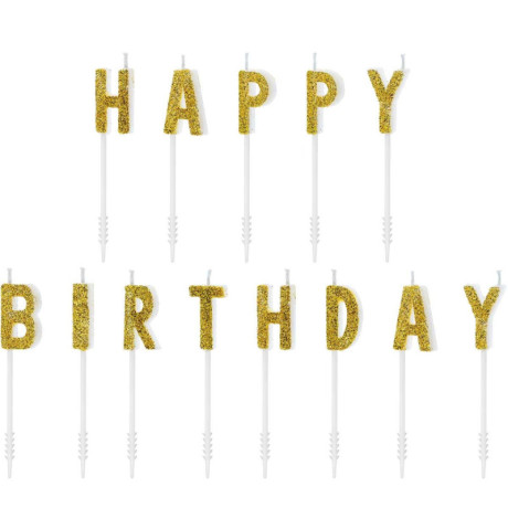 PartyDeco Happy Birthday Gold Candles (Pack of 13)