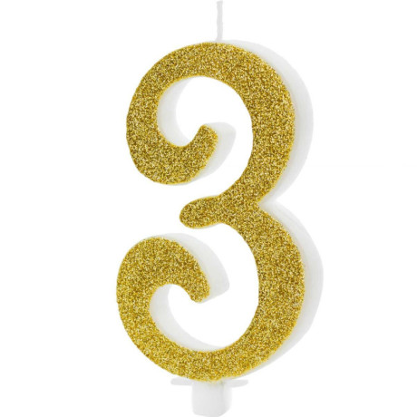 PartyDeco Glitter Number 3 Gold Candle