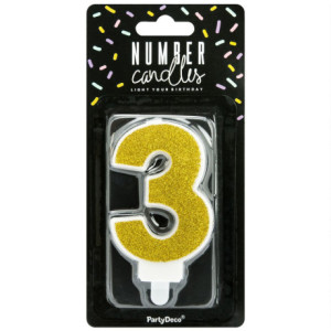 PartyDeco Number 3 Gold Candle