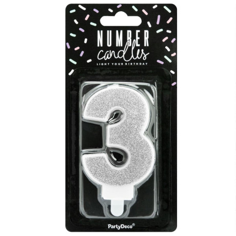 Bougie PartyDeco chiffre 3 argent